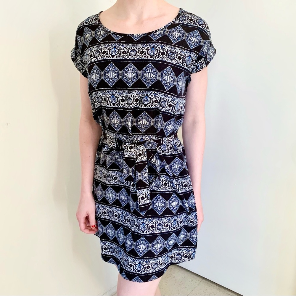 Boho T-shirt dress blue black white tie waist southwestern hippie Y2K graduation